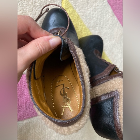 Yves Saint Laurent YSL Black Brown Shearling Trim Tribute Heel Bootie Ankle 37 - Picture 10 of 10